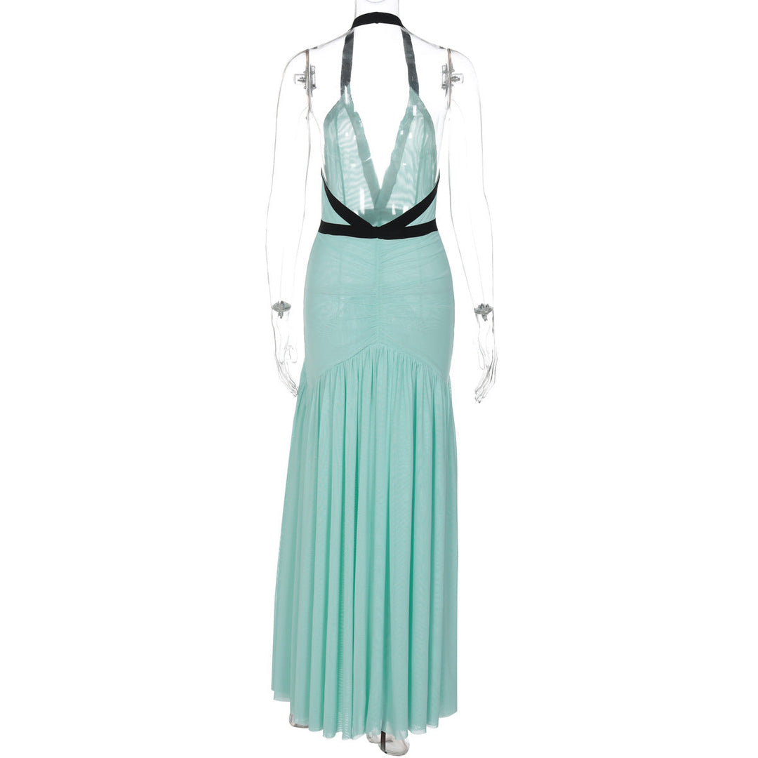 Halter ruched mesh deep V neck maxi dress  | Festival Outfits Women