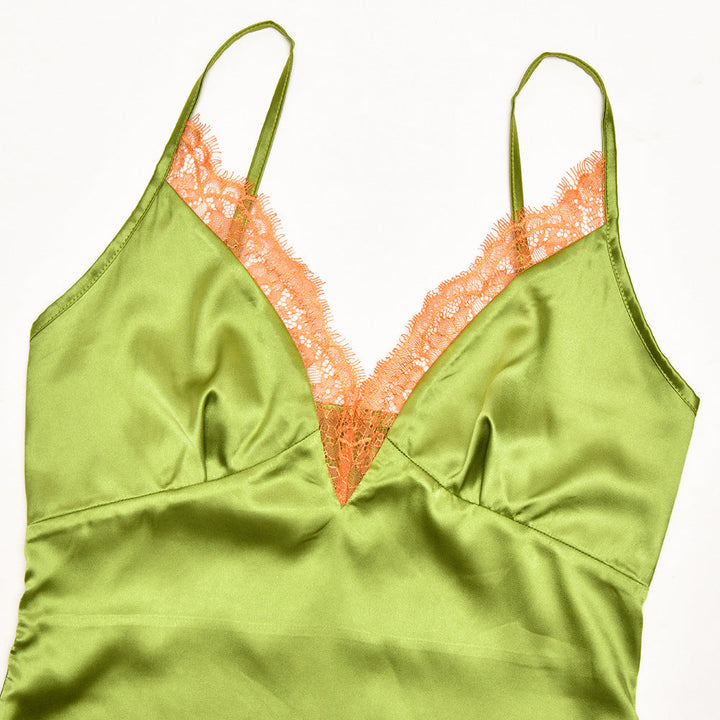 Satin lace hem v neck zip-up cami maxi dress  | Festival Outfits Women