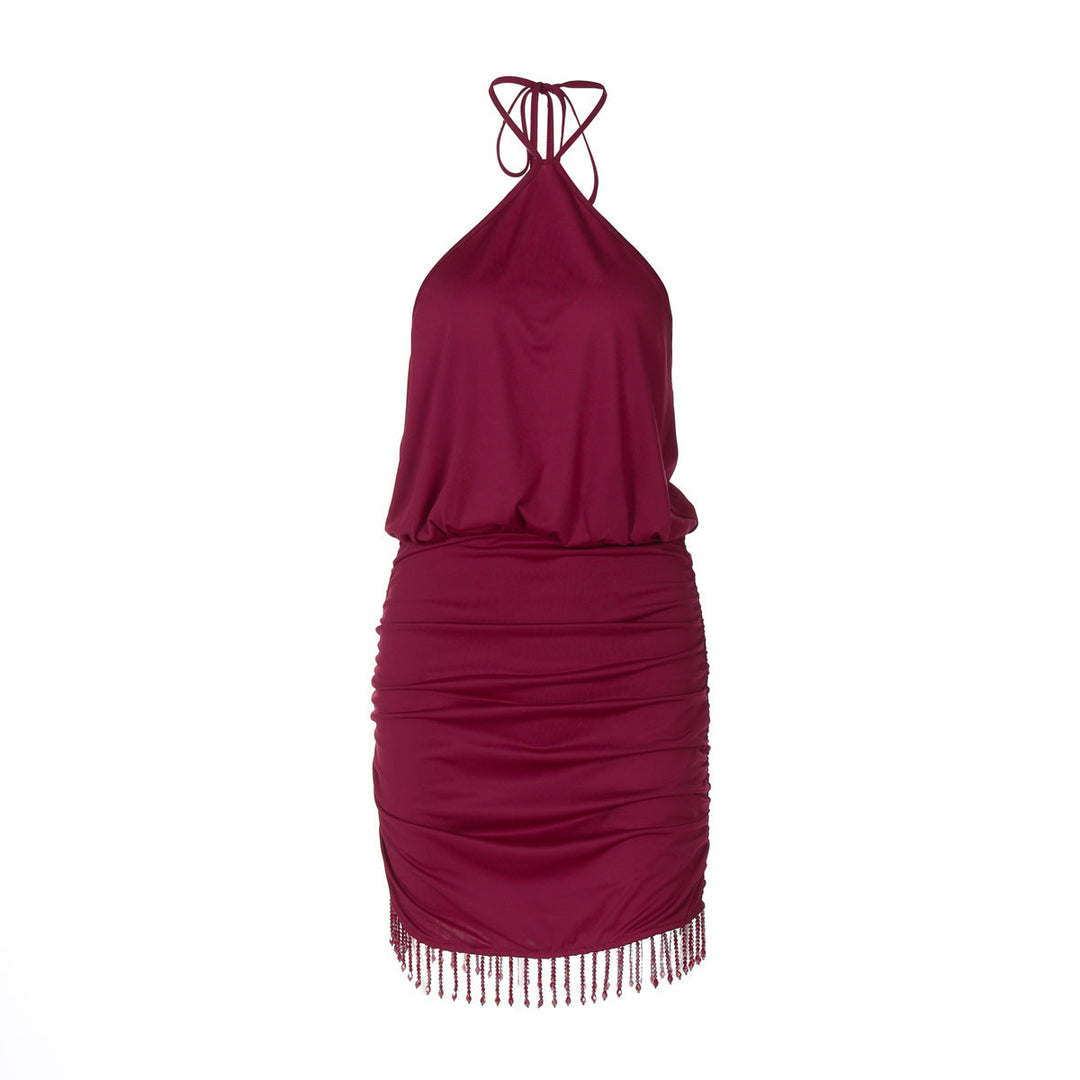 Self tie halter ruched tassels mini dress  | Festival Outfits Women