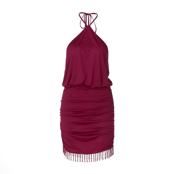 Self tie halter ruched tassels mini dress  | Festival Outfits Women