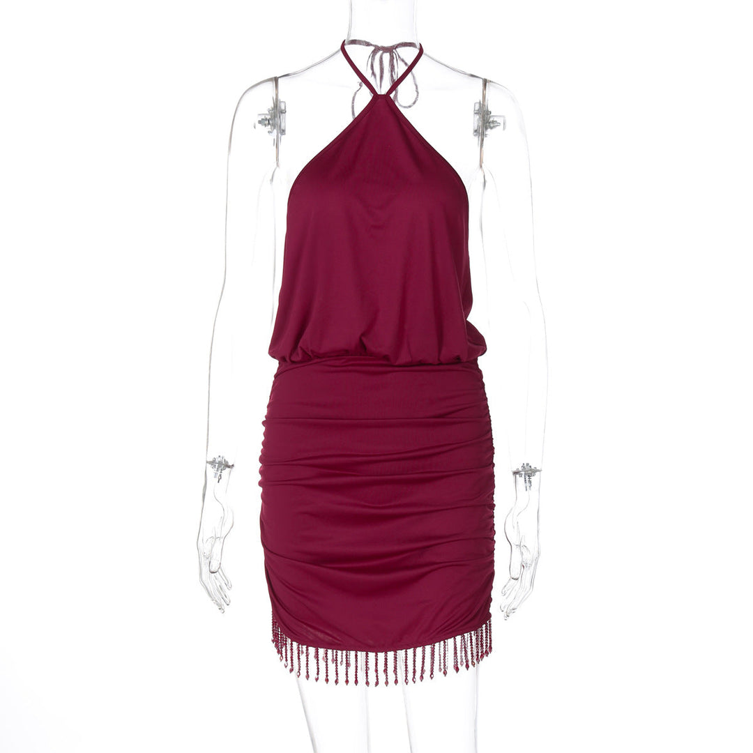 Self tie halter ruched tassels mini dress  | Festival Outfits Women