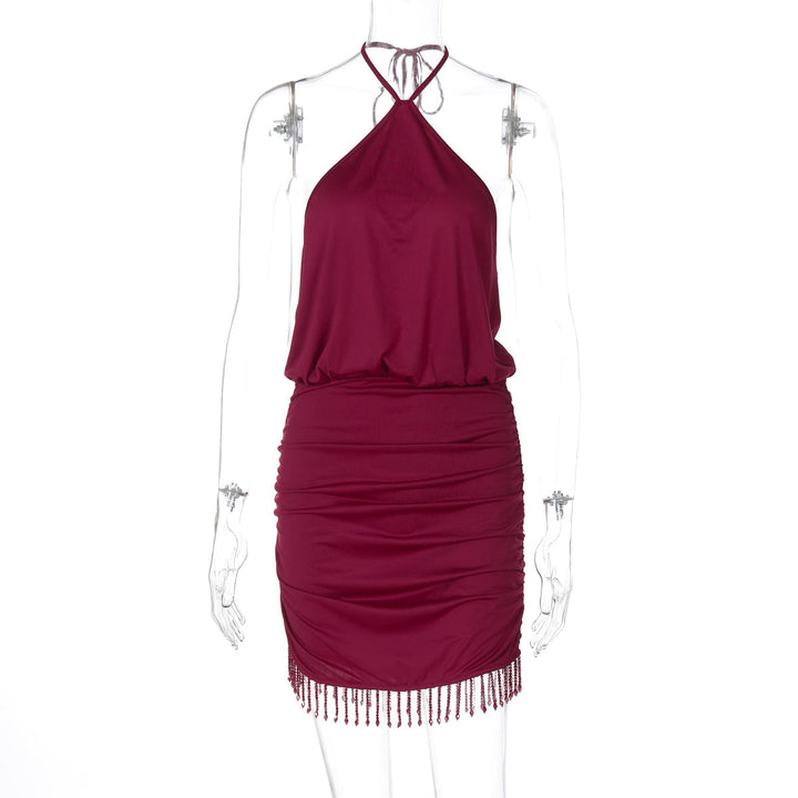 Self tie halter ruched tassels mini dress  | Festival Outfits Women