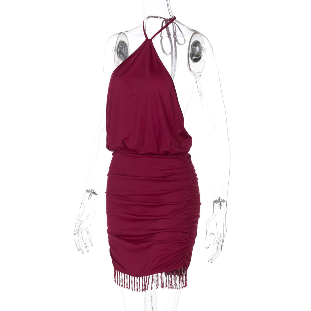 Self tie halter ruched tassels mini dress  | Festival Outfits Women