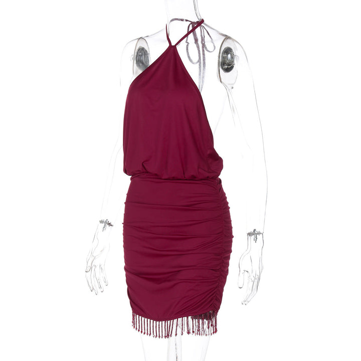 Self tie halter ruched tassels mini dress  | Festival Outfits Women