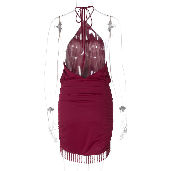 Self tie halter ruched tassels mini dress  | Festival Outfits Women