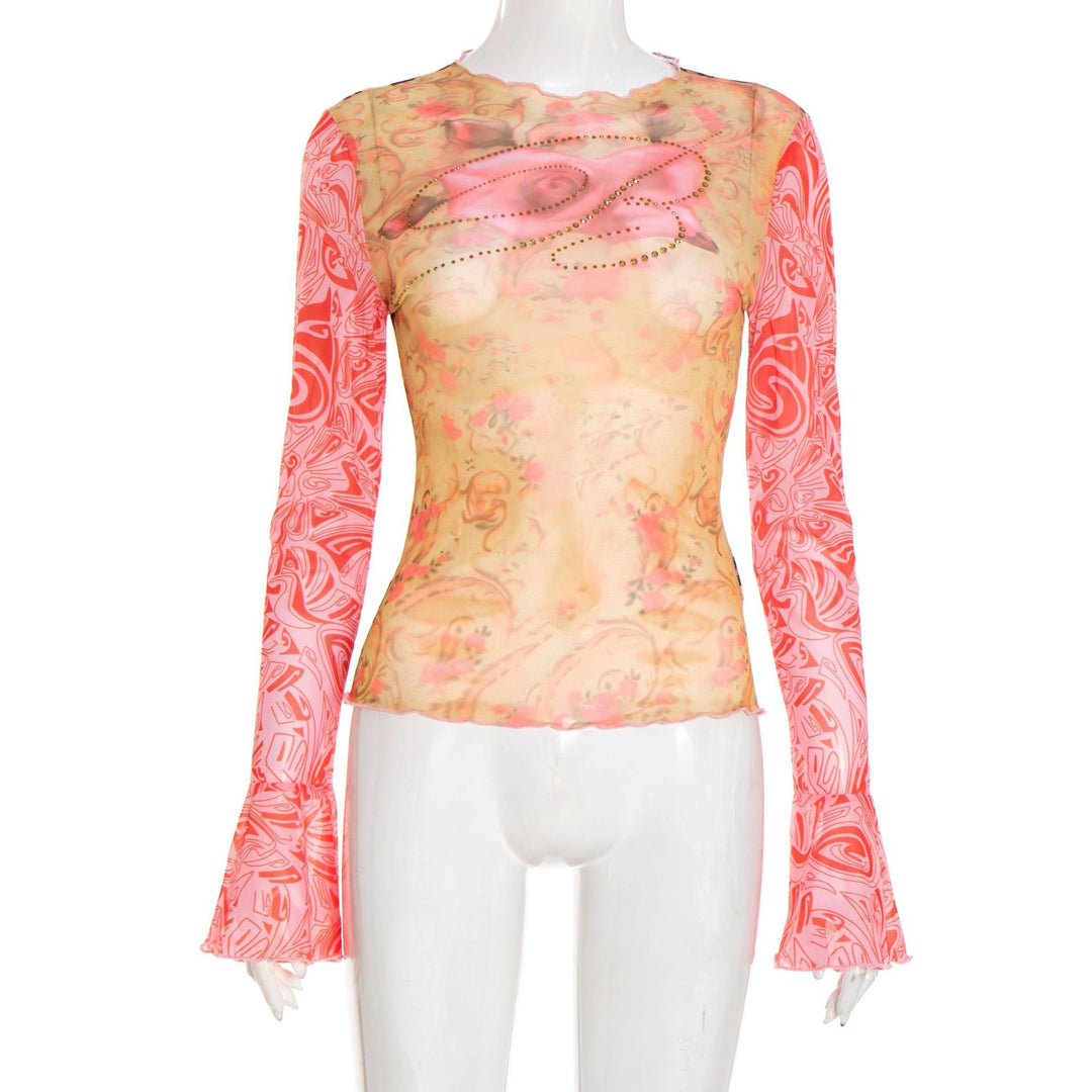 Long sleeve crewneck print beaded sheer mesh top  | Festival Outfits Women