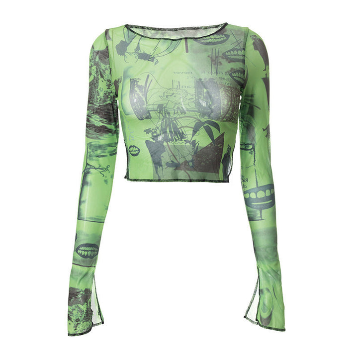 Long sleeve round neck stitch slit print crop top  | Festival Outfits Women