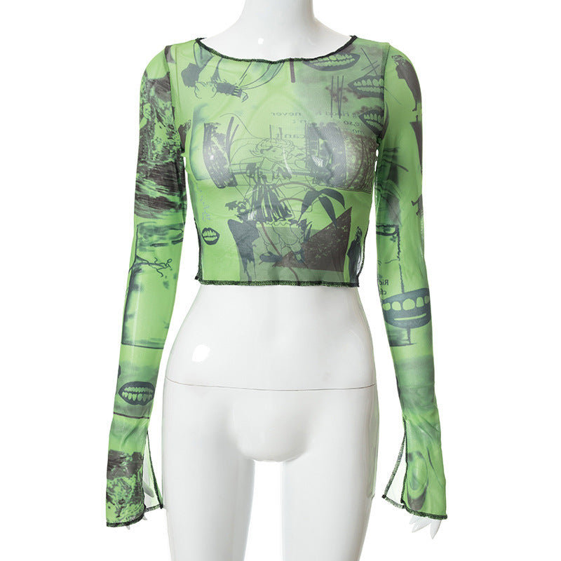 Long sleeve round neck stitch slit print crop top  | Festival Outfits Women