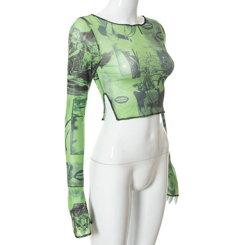 Long sleeve round neck stitch slit print crop top  | Festival Outfits Women
