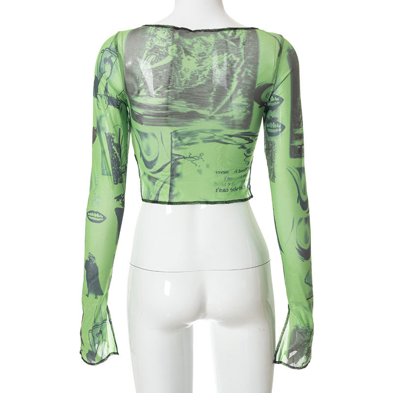Long sleeve round neck stitch slit print crop top  | Festival Outfits Women