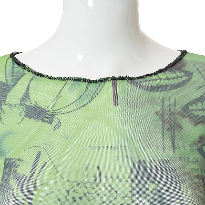 Long sleeve round neck stitch slit print crop top  | Festival Outfits Women