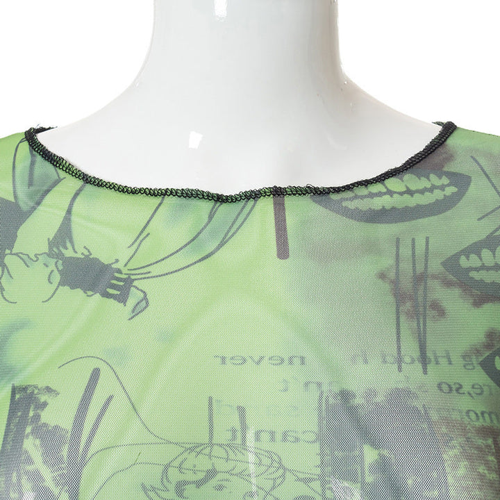 Long sleeve round neck stitch slit print crop top  | Festival Outfits Women