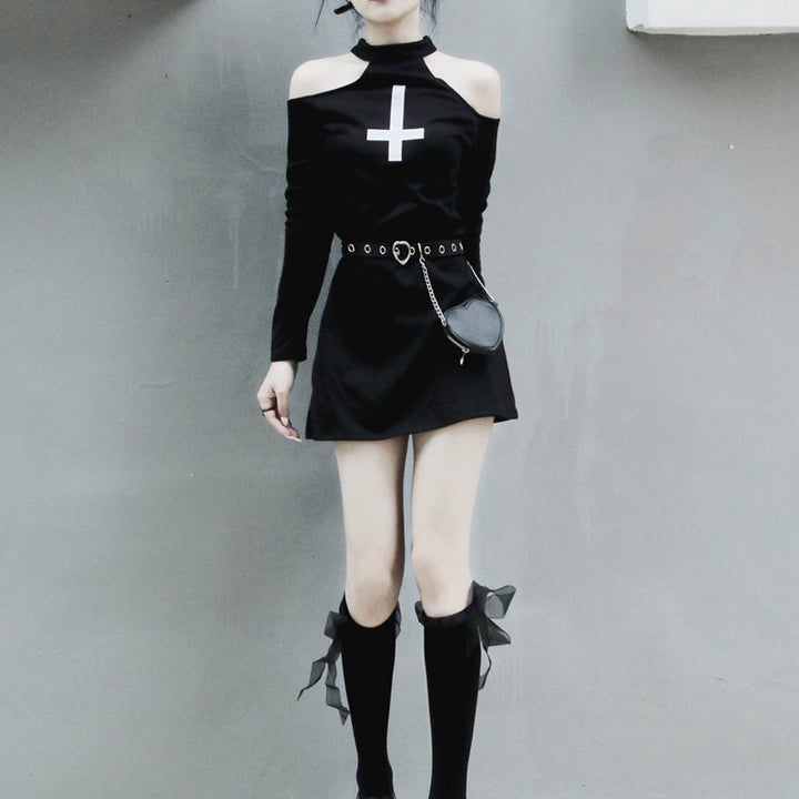 Long sleeve off shoulder cross pattern mini dress  | Festival Outfits Women