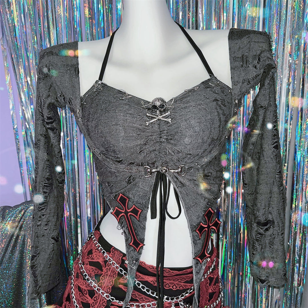 Long sleeve halter self tie skull applique 2 piece top  | Festival Outfits Women