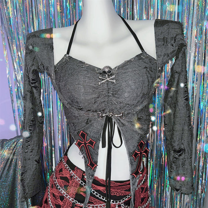Long sleeve halter self tie skull applique 2 piece top  | Festival Outfits Women
