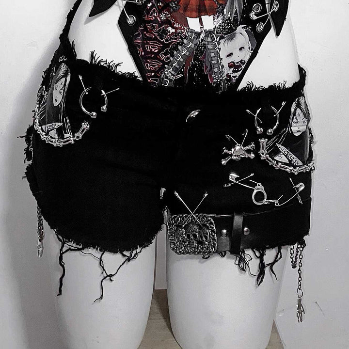 Hollow out v neck print metal chain cami bodysuit  | Festival Outfits Women