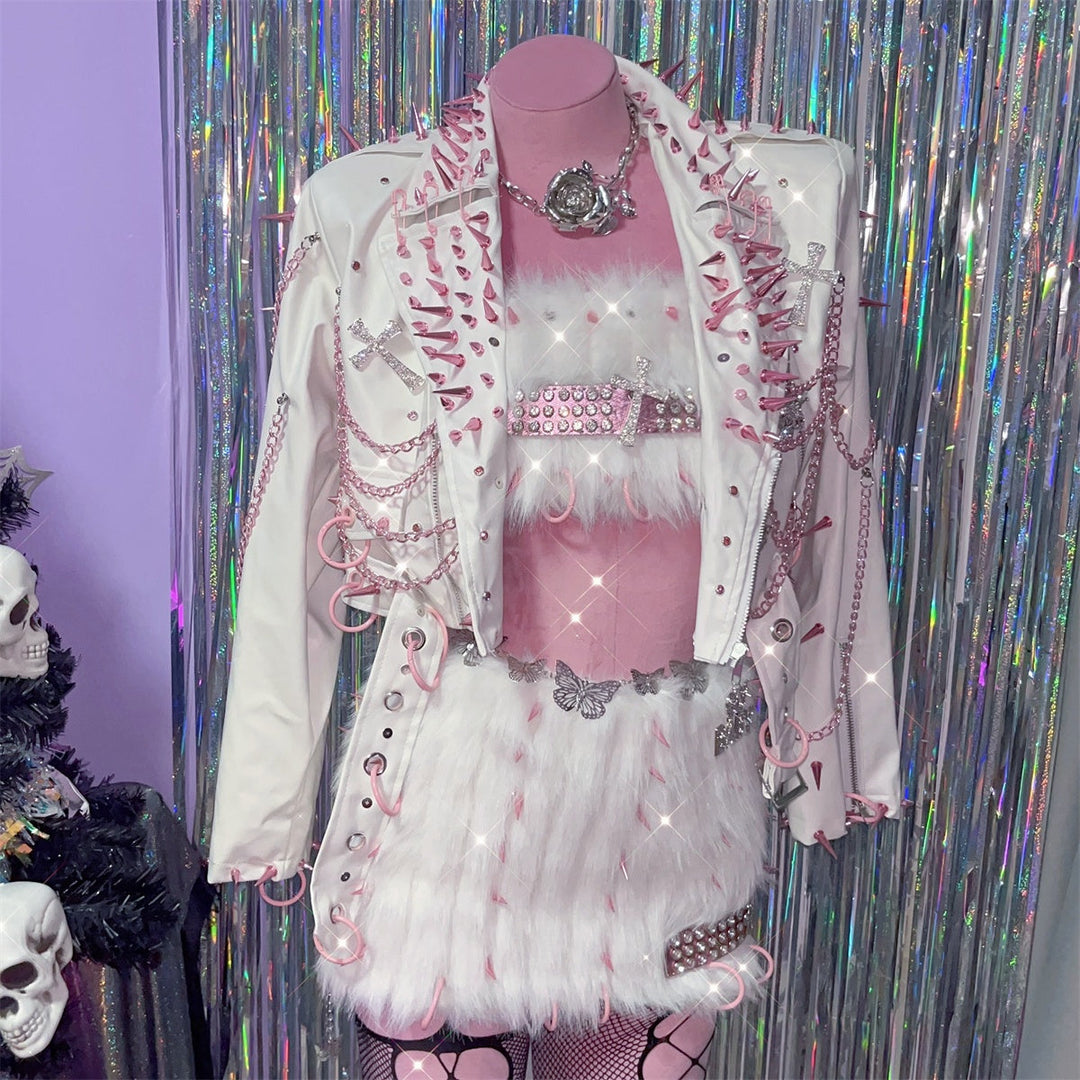 Fluffy rivet applique beaded o ring mini skirt set  | Festival Outfits Women