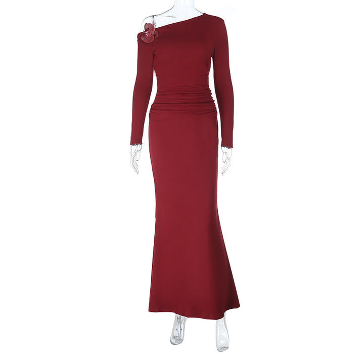 Long sleeve one shoulder flower applique maxi dress  | Festival Outfits Women