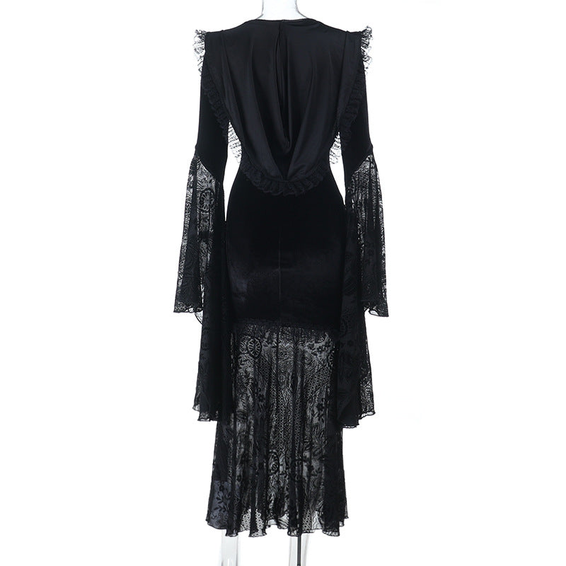 Hoodie long flared sleeve velvet maxi dress  | Festival Outfits Women