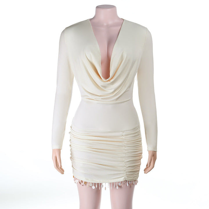Cowl neck long sleeve ruched tassels mini dress  | Festival Outfits Women