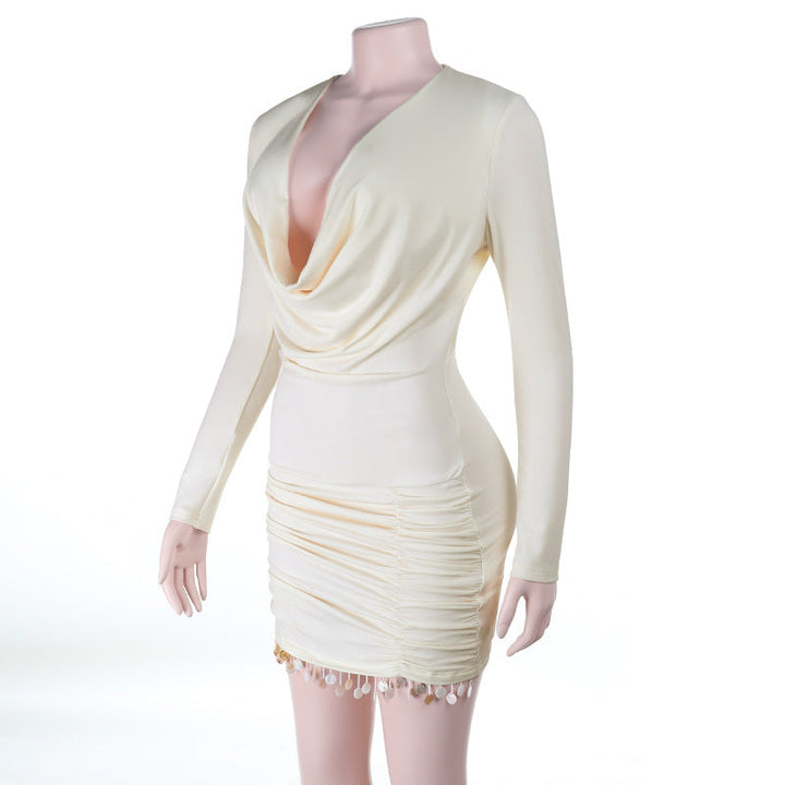Cowl neck long sleeve ruched tassels mini dress  | Festival Outfits Women
