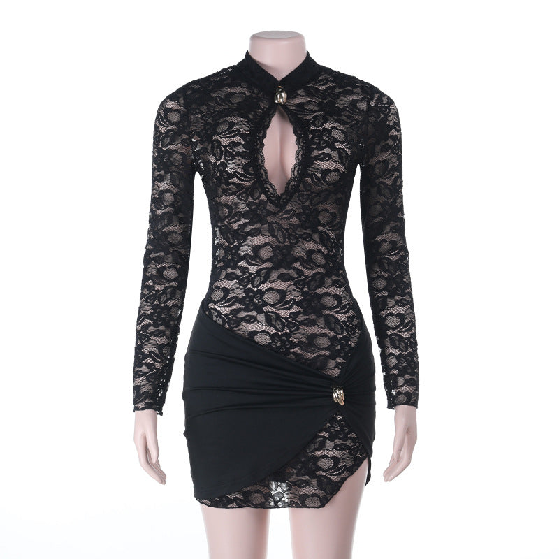 Long sleeve hollow out lace cut out mini dress  | Festival Outfits Women-final-sale