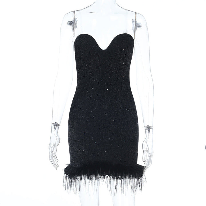 Sweetheart neck fluffy glitter mini dress  | Festival Outfits Women
