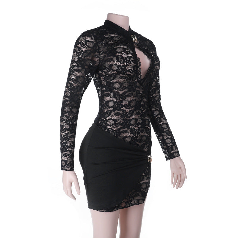 Long sleeve hollow out lace cut out mini dress  | Festival Outfits Women-final-sale