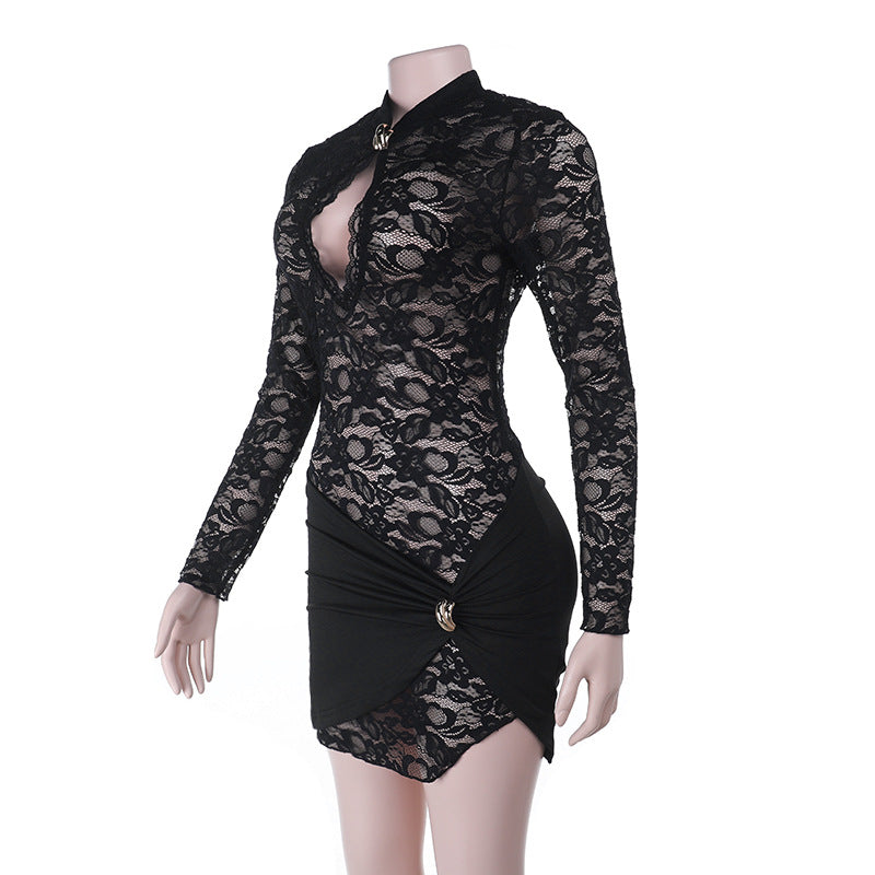 Long sleeve hollow out lace cut out mini dress  | Festival Outfits Women-final-sale
