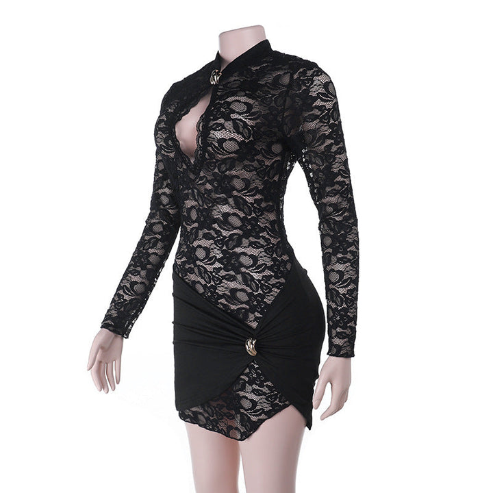 Long sleeve hollow out lace cut out mini dress  | Festival Outfits Women-final-sale