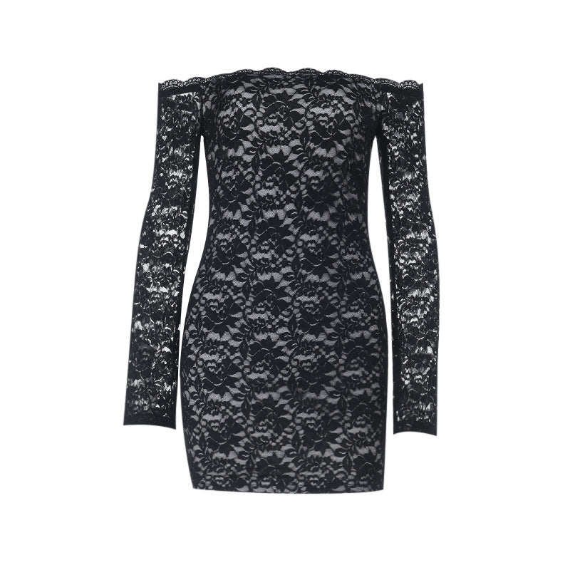 Lace long sleeve off shoulder solid mini dress  | Festival Outfits Women