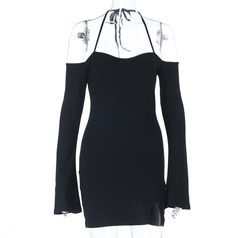 Halter self tie long sleeve off shoulder mini dress  | Festival Outfits Women