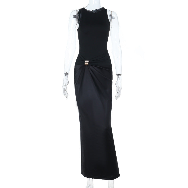Round neck satin ruched solid maxi dress  | Festival Outfits Women