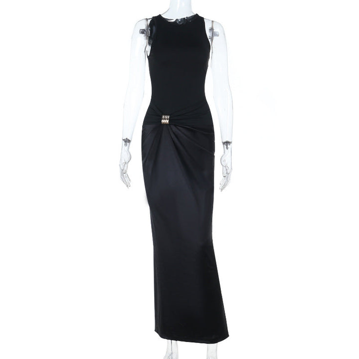 Round neck satin ruched solid maxi dress  | Festival Outfits Women