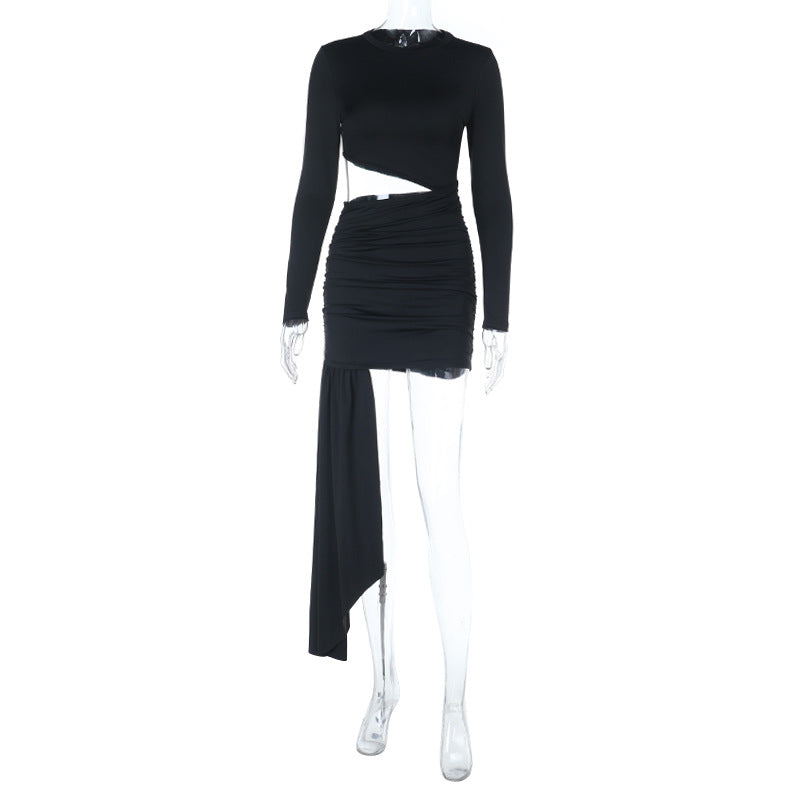 Long sleeve crewneck hollow out ruched cut out mini dress  | Festival Outfits Women