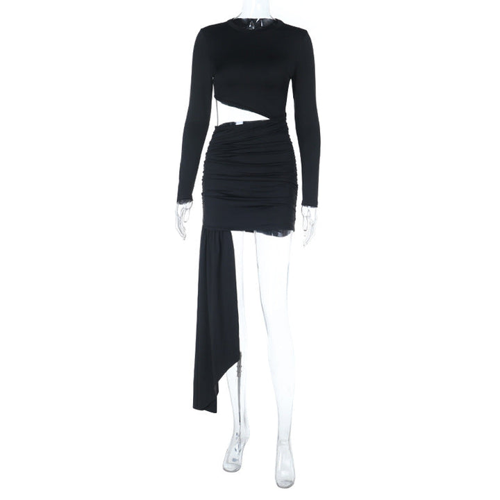 Long sleeve crewneck hollow out ruched cut out mini dress  | Festival Outfits Women