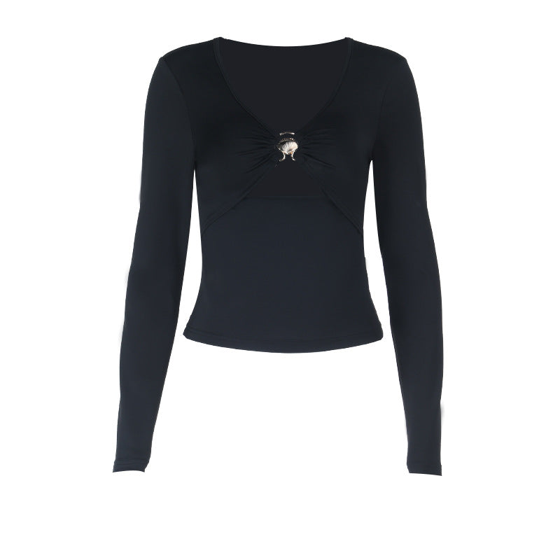Hollow out v neck long sleeve ruched cut out top  | Festival Outfits Women