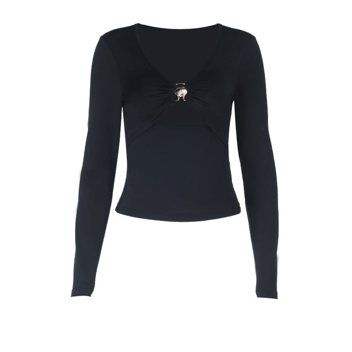 Hollow out v neck long sleeve ruched cut out top  | Festival Outfits Women