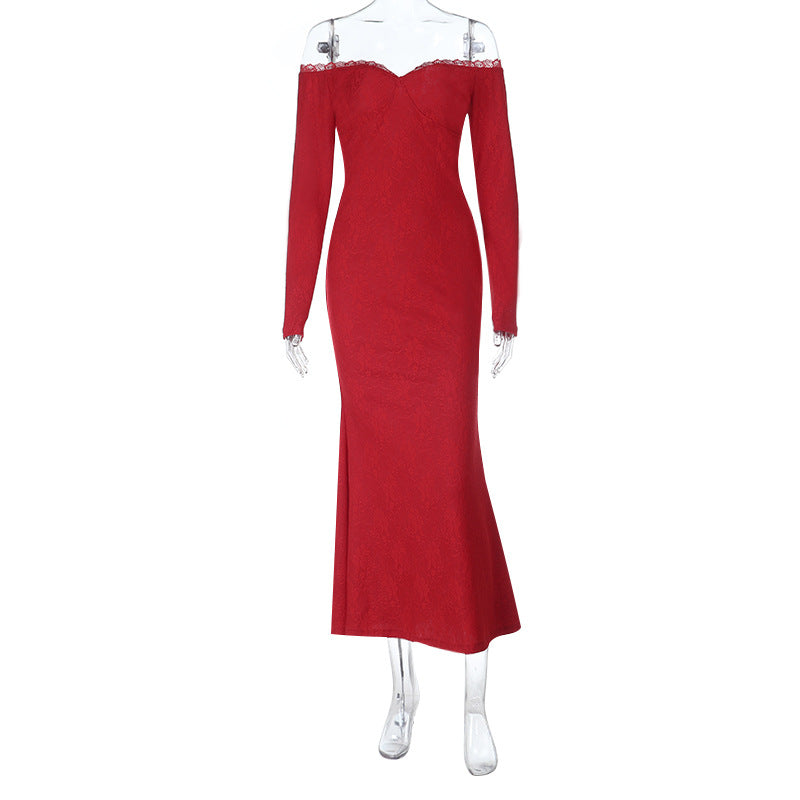 Off shoulder long sleeve lace zip-up maxi dress  | Festival Outfits Women