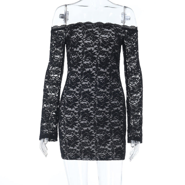 Lace long sleeve off shoulder solid mini dress  | Festival Outfits Women