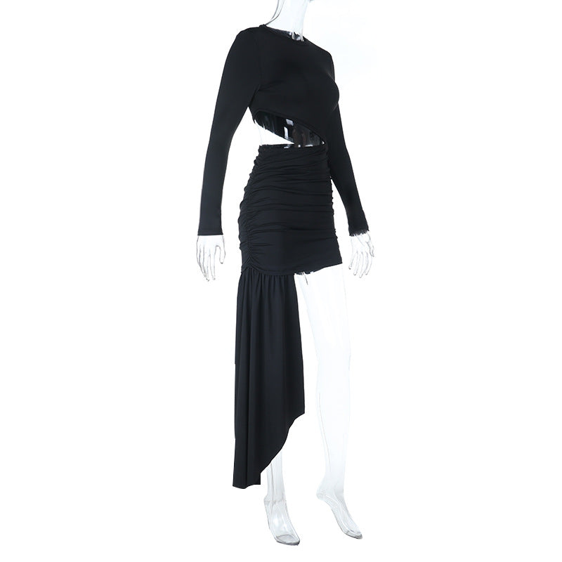 Long sleeve crewneck hollow out ruched cut out mini dress  | Festival Outfits Women