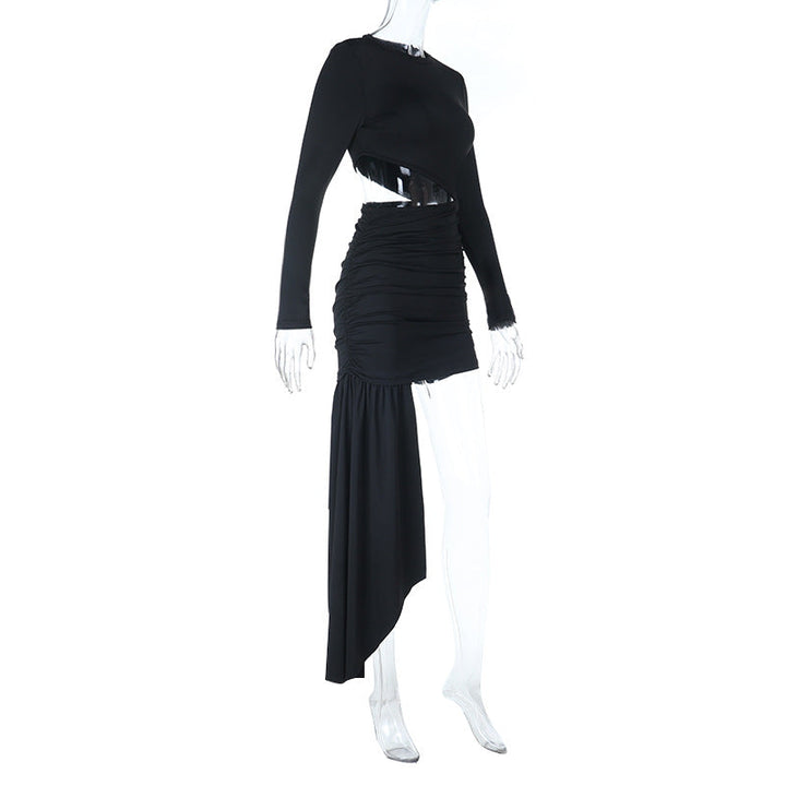 Long sleeve crewneck hollow out ruched cut out mini dress  | Festival Outfits Women