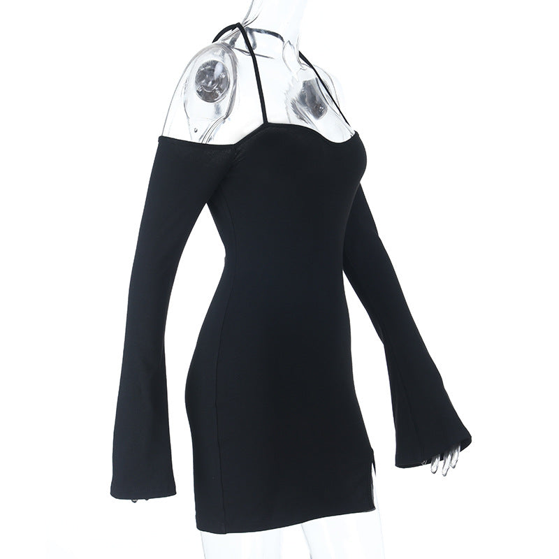 Halter self tie long sleeve off shoulder mini dress  | Festival Outfits Women