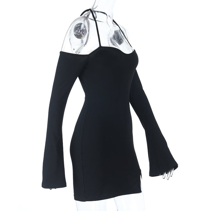 Halter self tie long sleeve off shoulder mini dress  | Festival Outfits Women