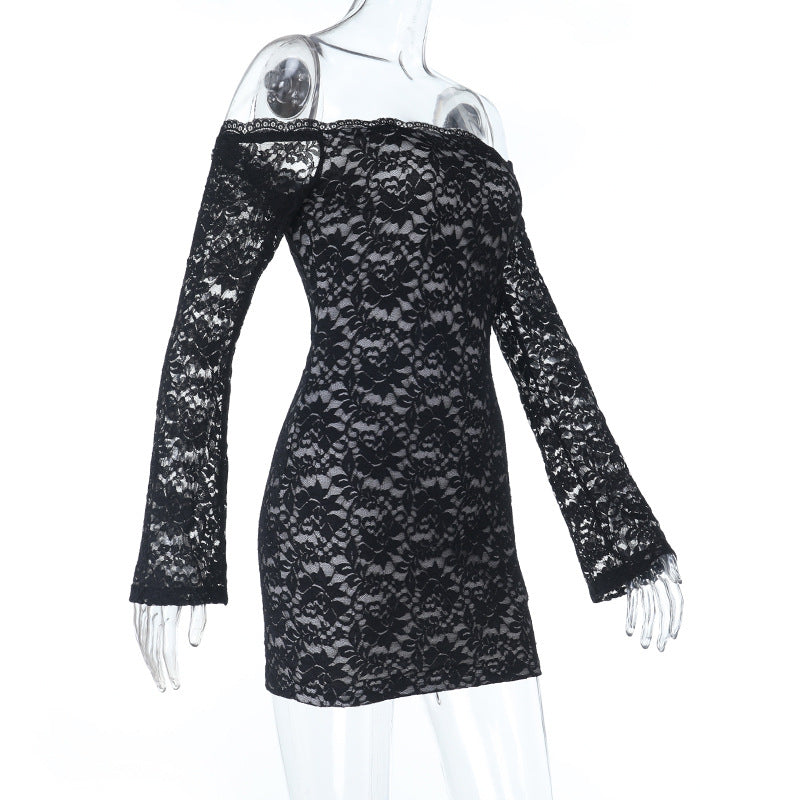 Lace long sleeve off shoulder solid mini dress  | Festival Outfits Women