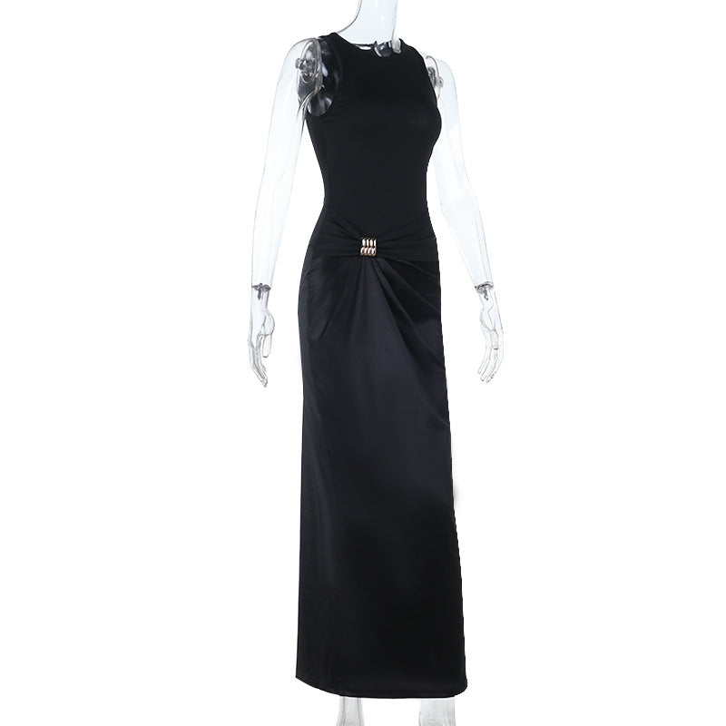 Round neck satin ruched solid maxi dress  | Festival Outfits Women