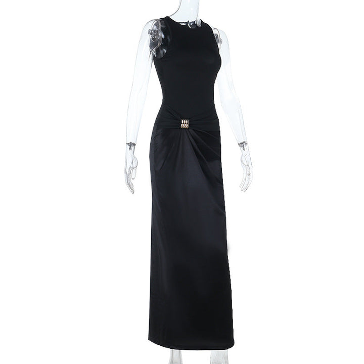 Round neck satin ruched solid maxi dress  | Festival Outfits Women