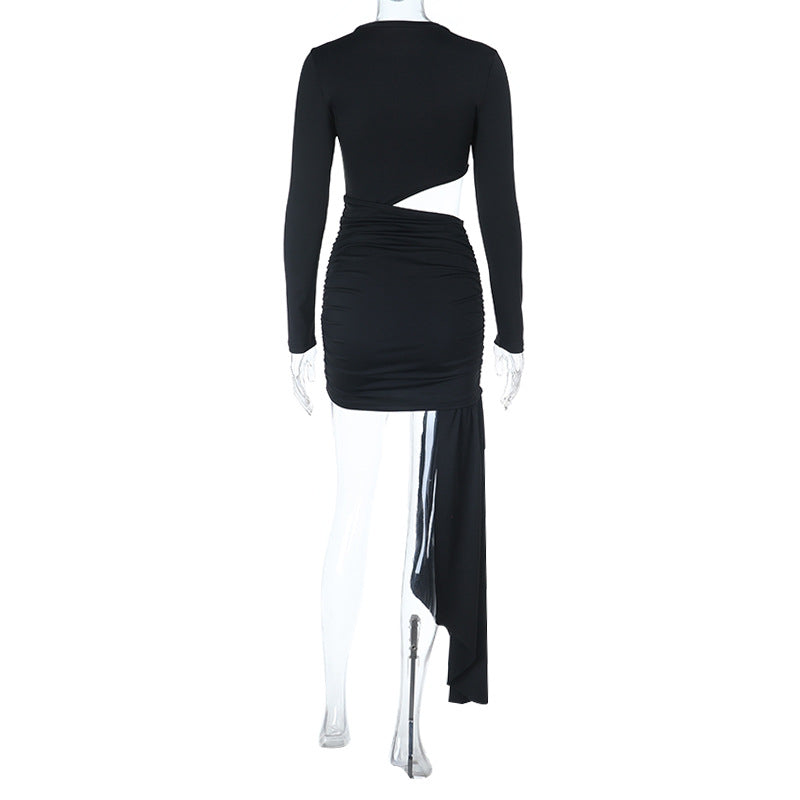 Long sleeve crewneck hollow out ruched cut out mini dress  | Festival Outfits Women