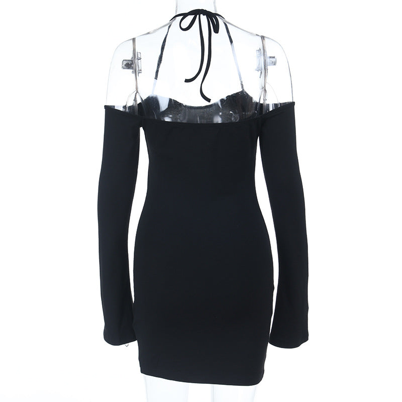 Halter self tie long sleeve off shoulder mini dress  | Festival Outfits Women