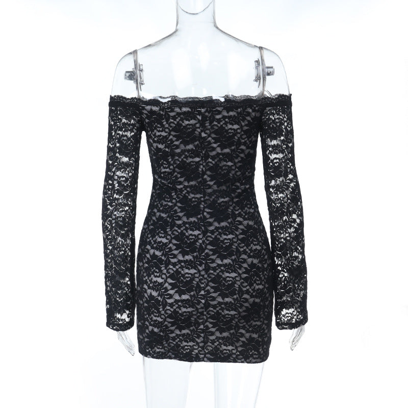 Lace long sleeve off shoulder solid mini dress  | Festival Outfits Women